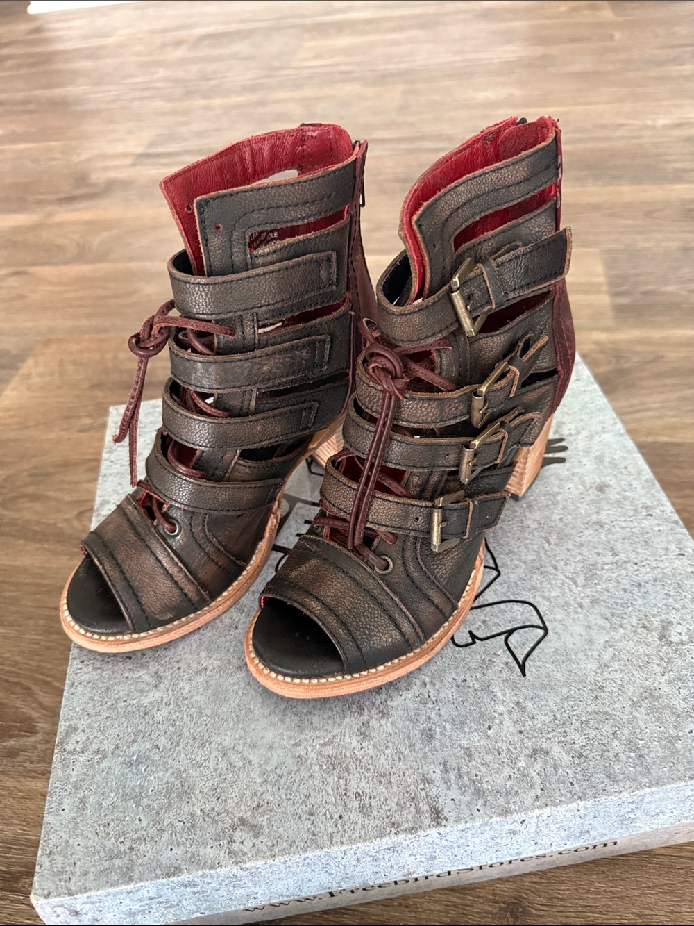 Freebird by Steven Brown & Red Strappy Buckle Open-Toe Heeled Booties - Braeden